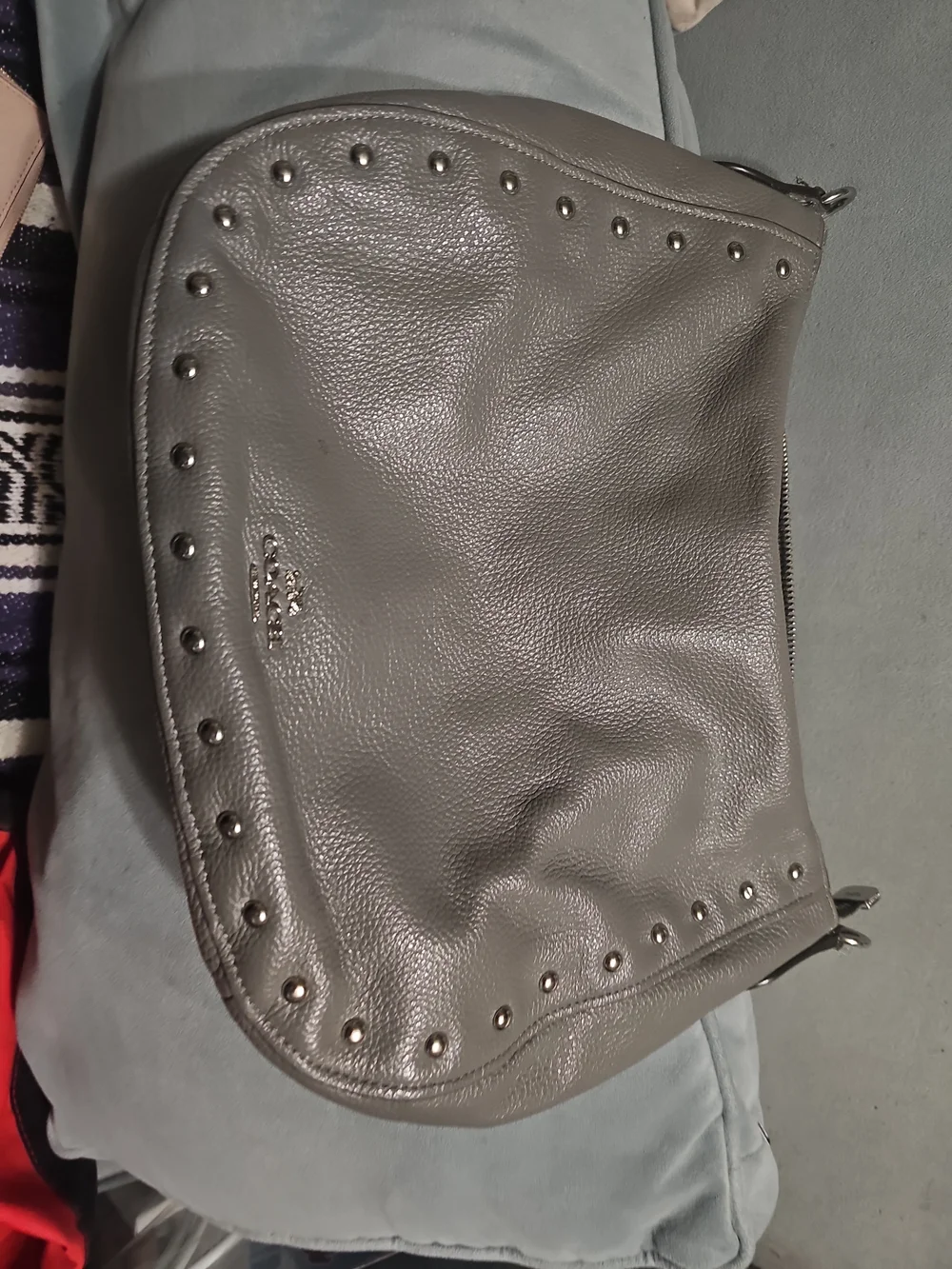 COACH Pebbled Leather Hobo Bag in Gray with Stud Accents